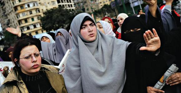Women face a long struggle to attain equal rights in Egypt. Protesters in Cairo’s Tahrir Square in February (CHRIS HONDROS/GETTY IMAGES) - Soure: New York Times